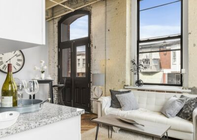 Open-concept kitchen with living and dining area.